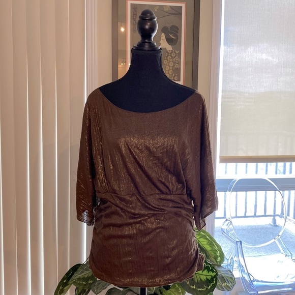 Y2K le Château  boat neck blouse, brown & gold threading, ruched sides & waist🤎 - Picture 2 of 9